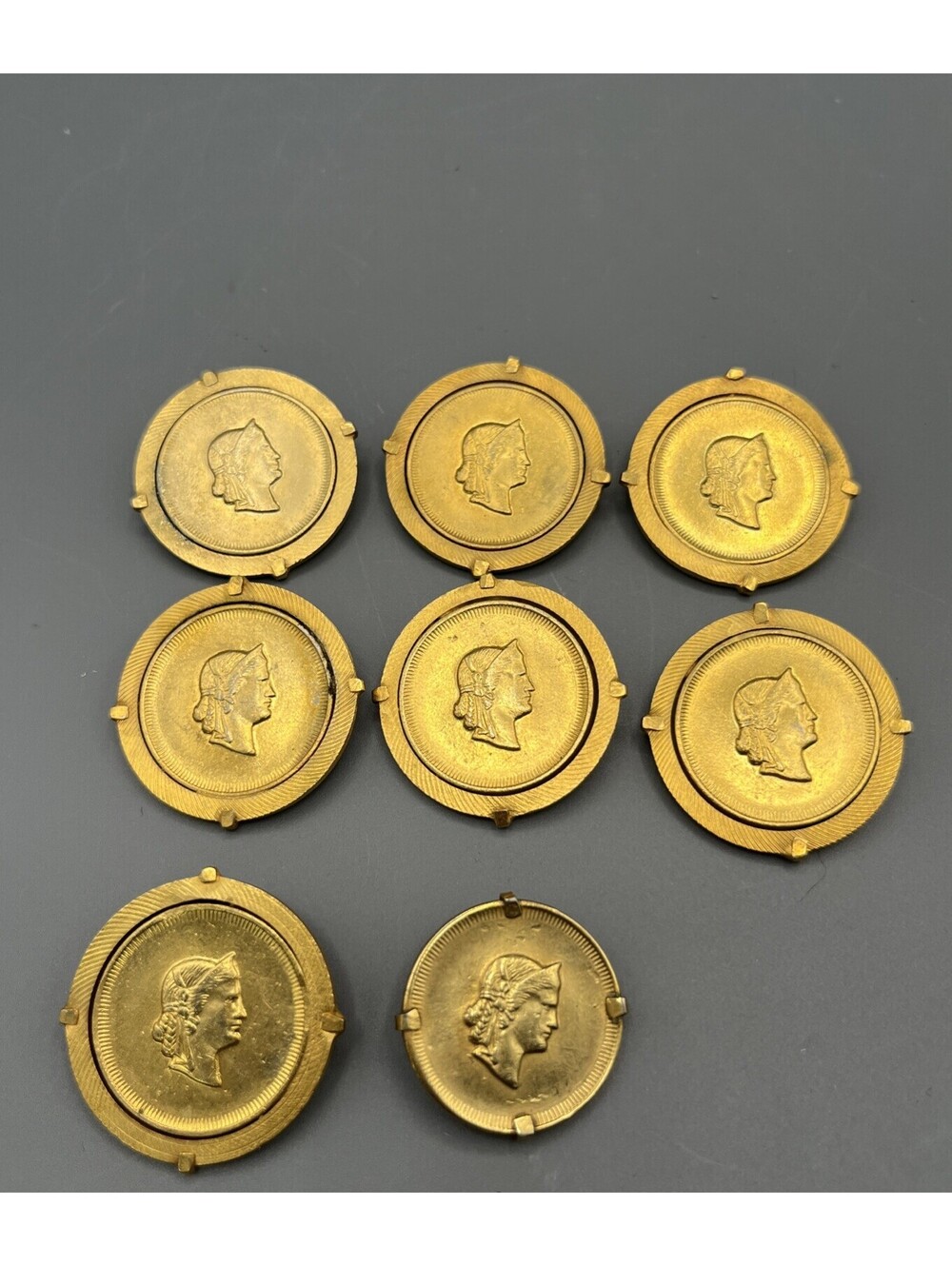 Lot of 8 Vintage Gold Tone Coin Style Blazer Buttons 7 Large 1 Medium Coat Set